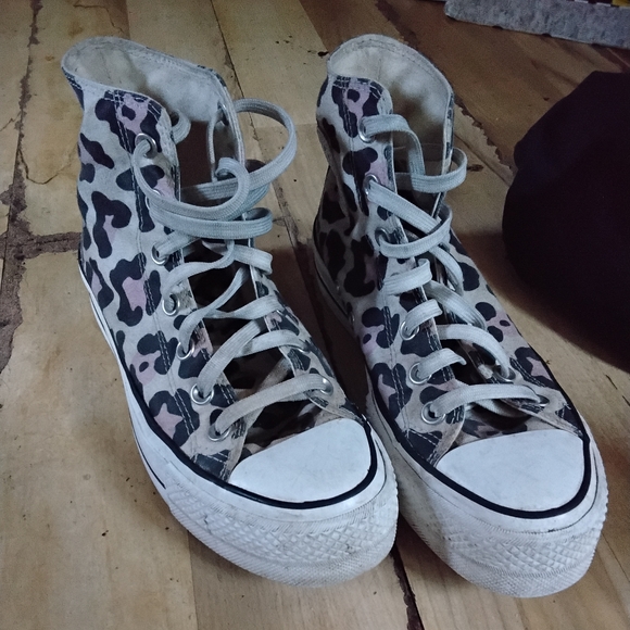 Converse Black and Pink Cow Print Platform High-Top Sneakers - Picture 1 of 7
